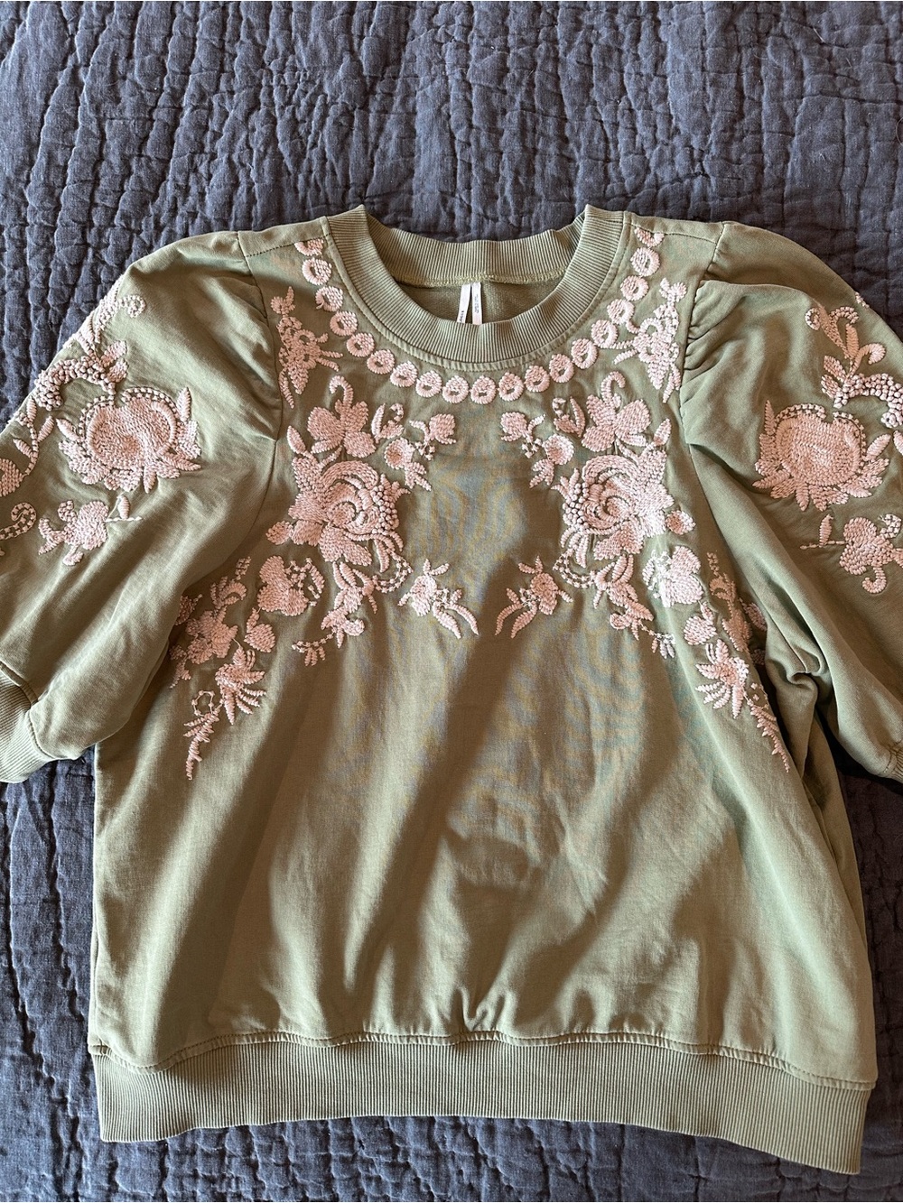 Anthropologie Sage Green Puff Sleeve Sweatshirt with Cream Floral Embroidery